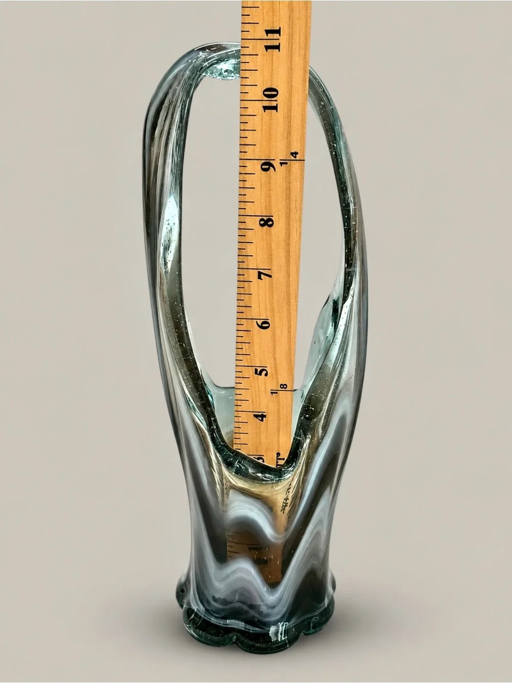 Murano Style Hand Blown Art Glass Basket Vase Blue Gray Swirl Controlled Bubble